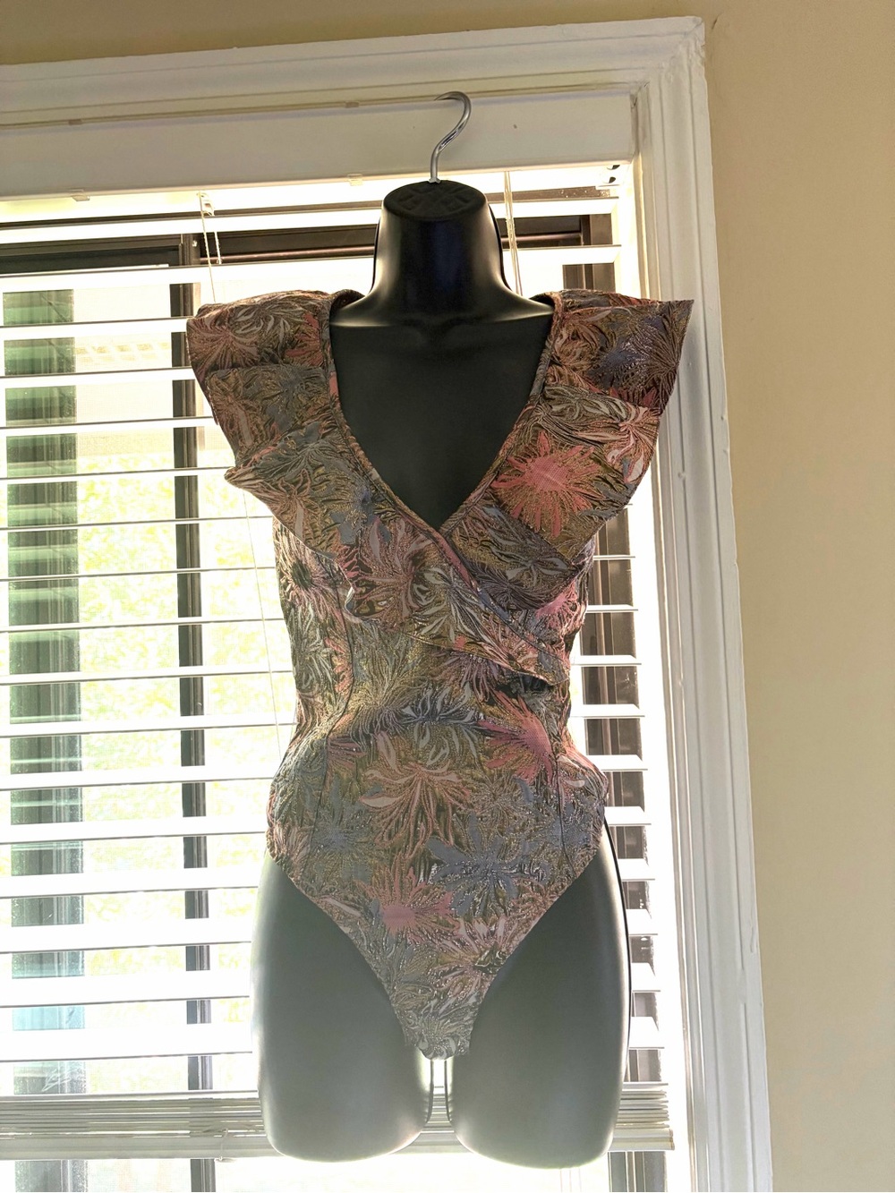 Victoria's Secret Metallic Floral V-Neck Bodysuit in Pink & Gold Tones
